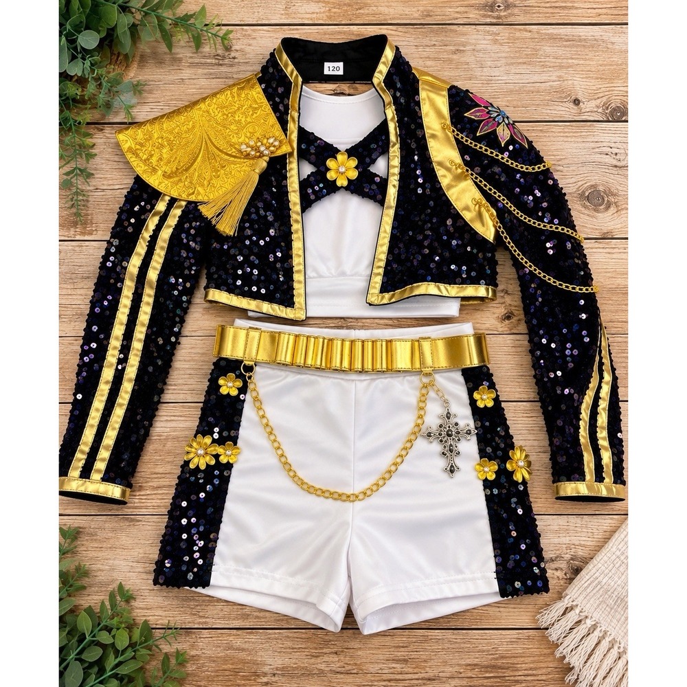 Girls Size 120 Sequin Dance Costume Black Gold White Stage Performance 5pc